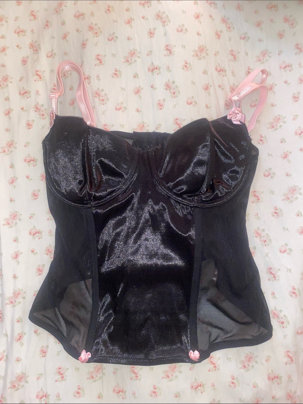 Women's Black Satin Bustier with Pink Accents